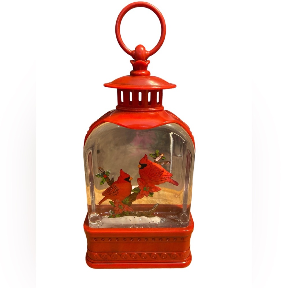 Red and White Holiday Decor Collection snow globe with cardinals lights up